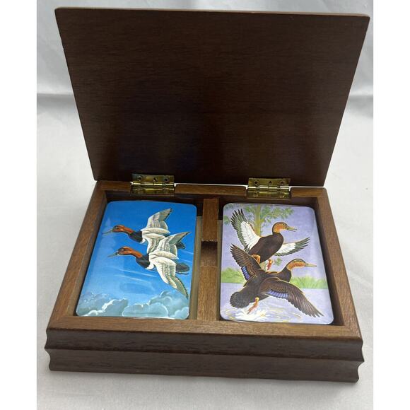 Vintage Wood Playing Card Holder Box with Ceramic Mallard Duck. *Used* - Picture 7 of 11